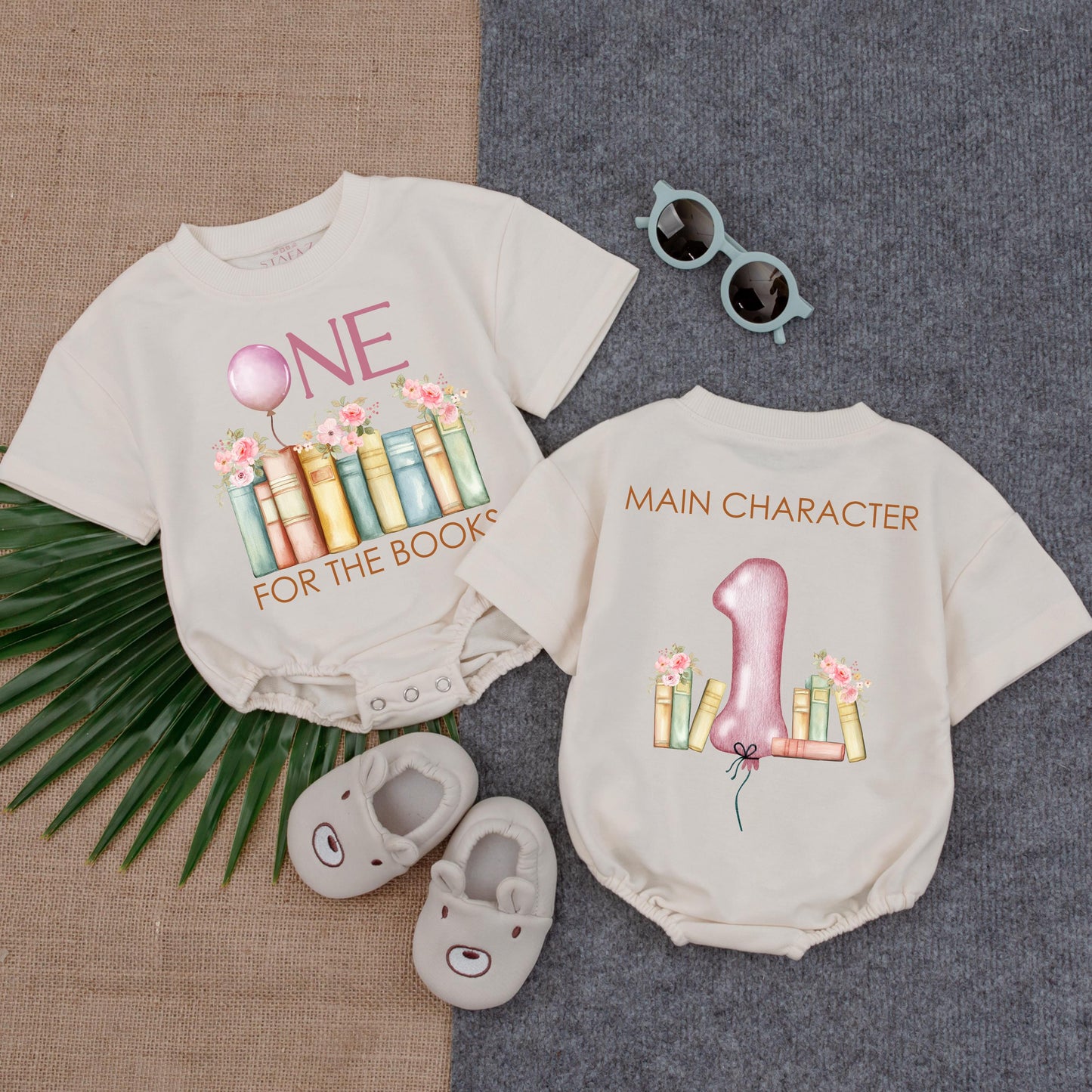 One for the Books First Birthday Romper Baby Girl Outfit Pink Flowers Balloon Book Theme Personalized Name Gift Toddler Party Clothes