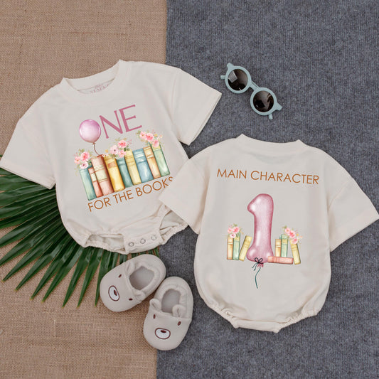 One for the Books First Birthday Romper Baby Girl Outfit Pink Flowers Balloon Book Theme Personalized Name Gift Toddler Party Clothes