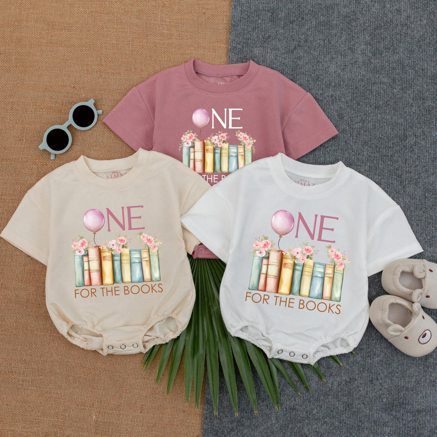 One for the Books First Birthday Romper Baby Girl Outfit Pink Flowers Balloon Book Theme Personalized Name Gift Toddler Party Clothes
