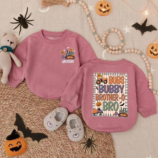 Custom Jaydon & Bub Brubby Brother-o-Bro Halloween Romper Infant Toddler Fall Pumpkin Construction Vehicle Outfit "Bub's Bubby Brother-o-Bro"