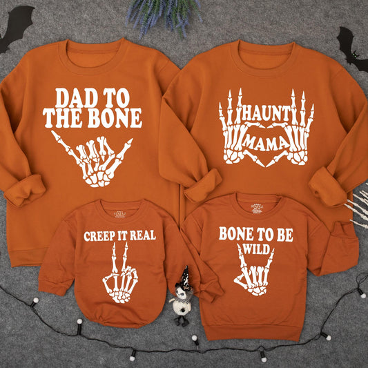 Funny Matching Family Halloween Sweatshirts Skeleton Hands "Dad To The Bone" "Haunti Mama" "Creep It Real" "Bone to Be Wild" "Too Cute to Spook" Orange Themed Outfits