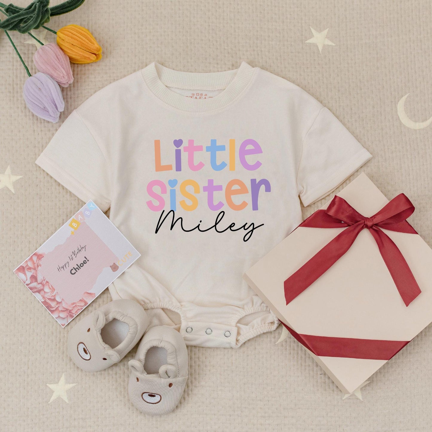 Personalized Big Sister Little Sister Matching Baby Romper Bodysuit Set with Custom Names Colorful Siblings Kids Outfit Gift