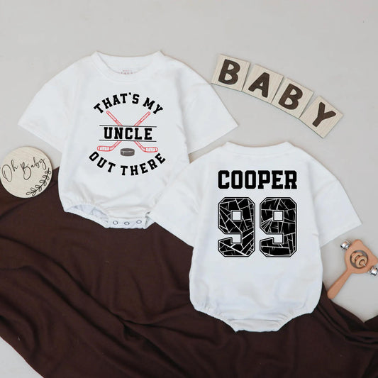 My Uncle's a Hockey Star Romper, Custom #99 Baby Outfit, That's My Uncle Out There Personalized Baby Boy Clothes, Game Day Hockey Gift, Shattered Style