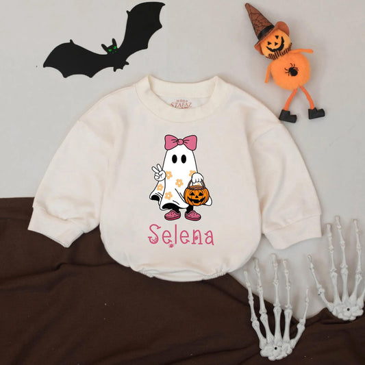 Personalized Little Boo Romper, Spooky Season Halloween Baby Outfit, Custom Name Ghost with Jack-o'-Lantern, Playful Fall Baby Clothes Shower Gift