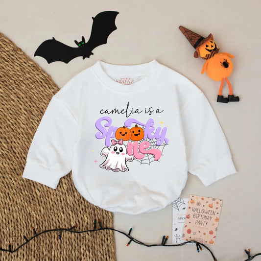Camelia's Spooky One Romper: First Halloween Outfit for Baby Girl, Cute Ghost & Pumpkins, Custom Name Fall Romper, Personalized 1st Birthday Outfit