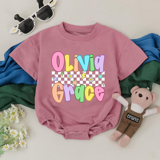 Olivia Grace Retro Baby Romper, Personalized Name Bodysuit, Custom Colorful Outfit, Bubbly Letters, Checkers, Stars, Lightning Bolts, Baby Girl Gift, Birthday