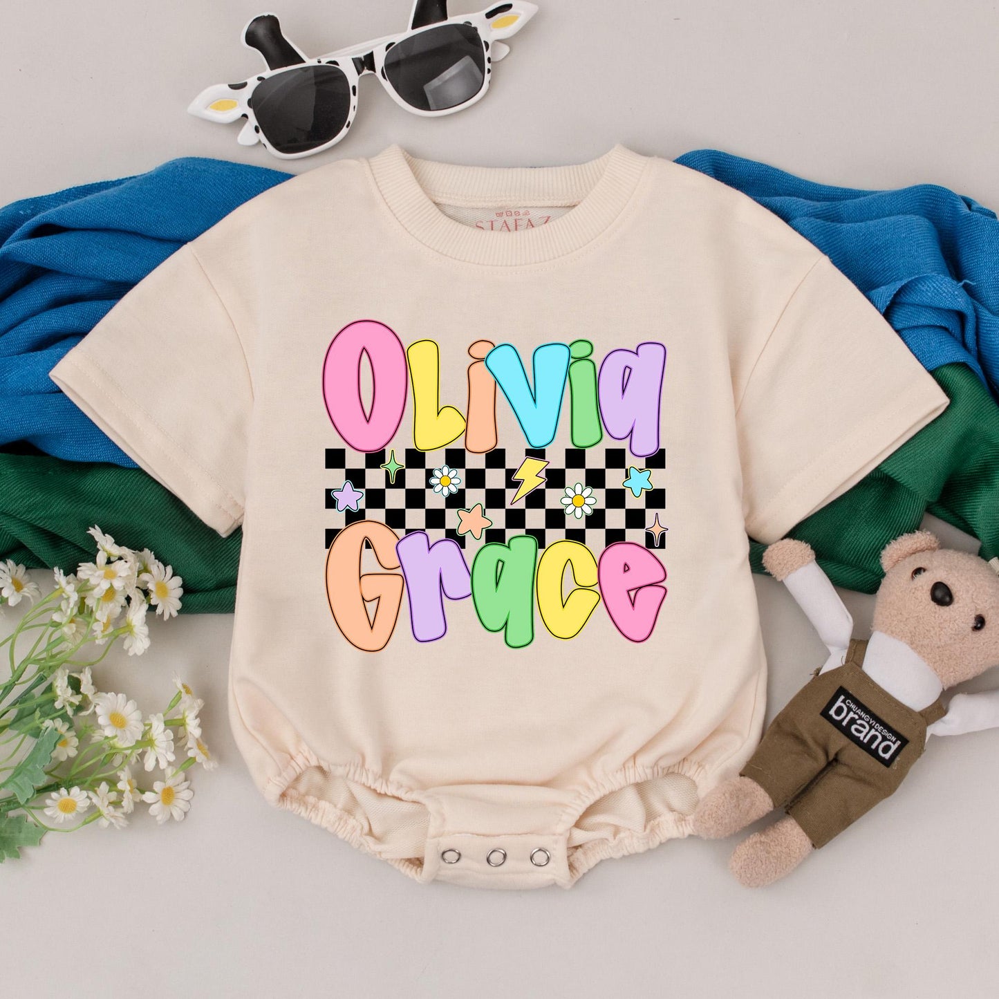 Olivia Grace Retro Baby Romper, Personalized Name Bodysuit, Custom Colorful Outfit, Bubbly Letters, Checkers, Stars, Lightning Bolts, Baby Girl Gift, Birthday