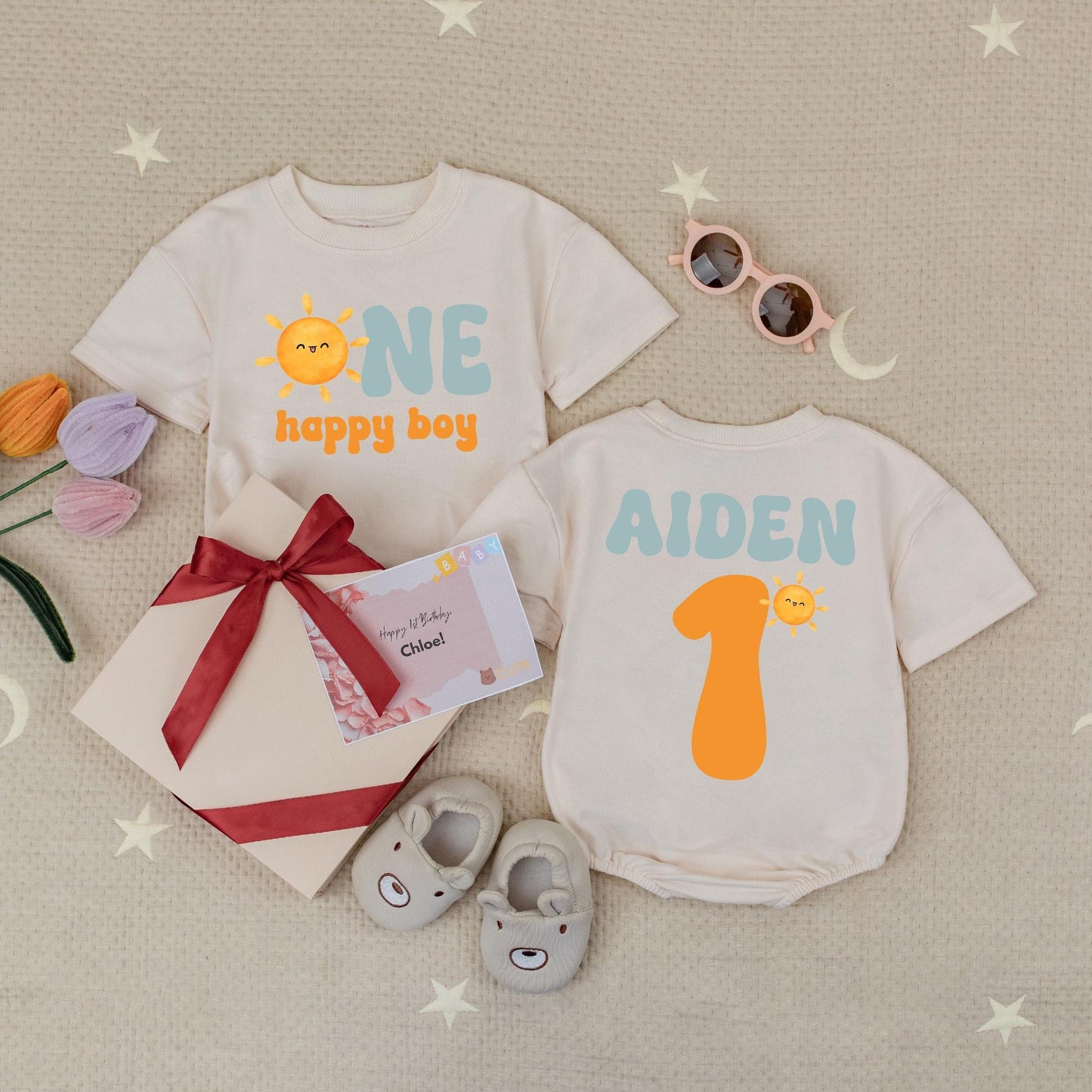 Custom Name Sun First Birthday Baby Romper Happy Boy Retro 1st Birthday Sun Babysuit Theme Outfit Celebration Cotton