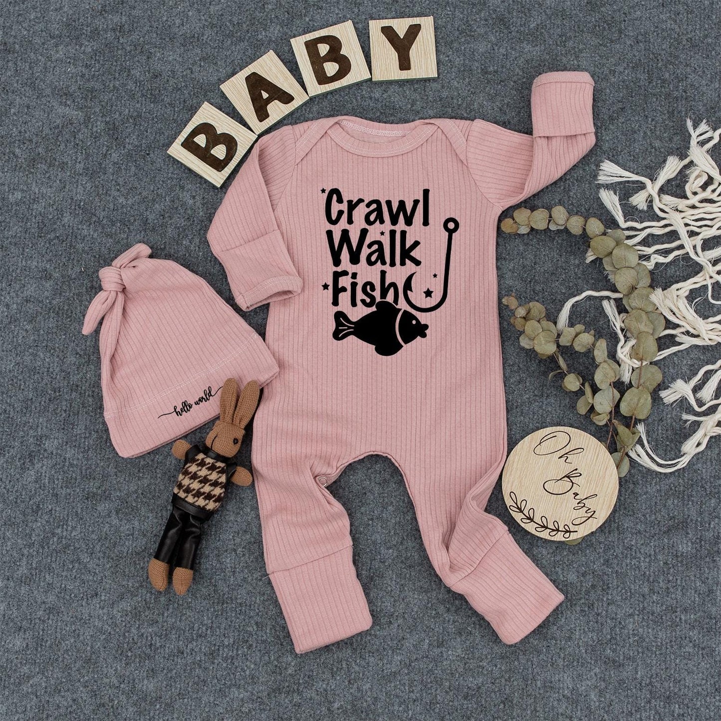 Crawl Walk Fish Baby Bodysuit & Hat Set, Cute Fishing Outfit for Newborn, Infant Boy or Girl, Coming Home Outfit, Baby Shower Gift
