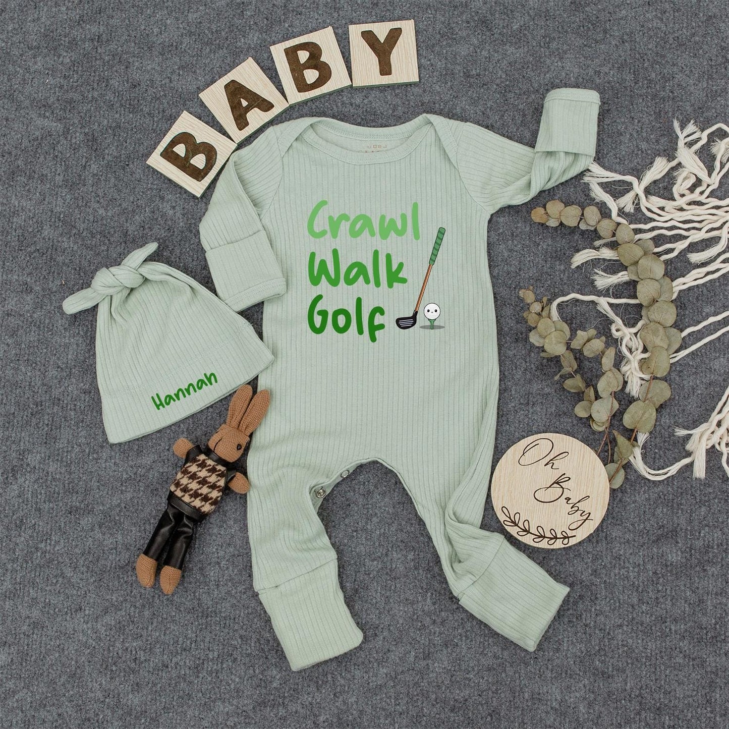 Crawl Walk Golf Baby Bodysuit & Hat Set - Future Golfer Outfit, Newborn Clothes, Cute Green & Brown Golf Design, Unique Baby Shower Gift for Golf Lovers