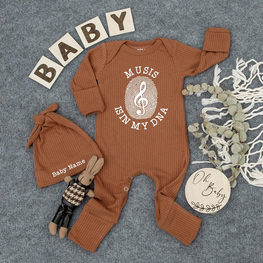 Personalized Music Is In My DNA Baby Bodysuit and Hat Set Newborn Infant Outfit, Musical Treble Clef Baby Shower Gift, Cute Announcement Clothes