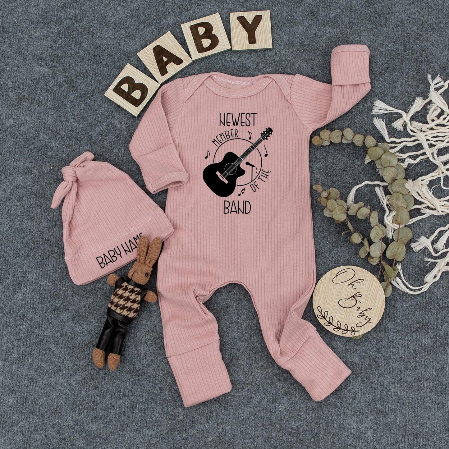 Personalized Newest Band Member Baby Bodysuit Custom Name on Hat for Newborns and Baby Showers a Perfect Announcement Outfit