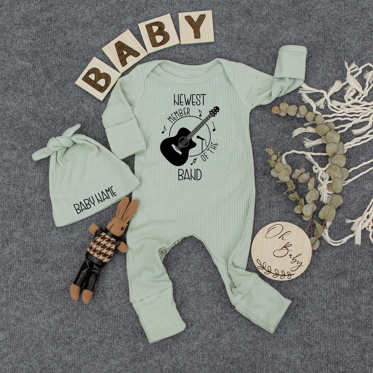 Personalized Newest Band Member Baby Bodysuit Custom Name on Hat for Newborns and Baby Showers a Perfect Announcement Outfit