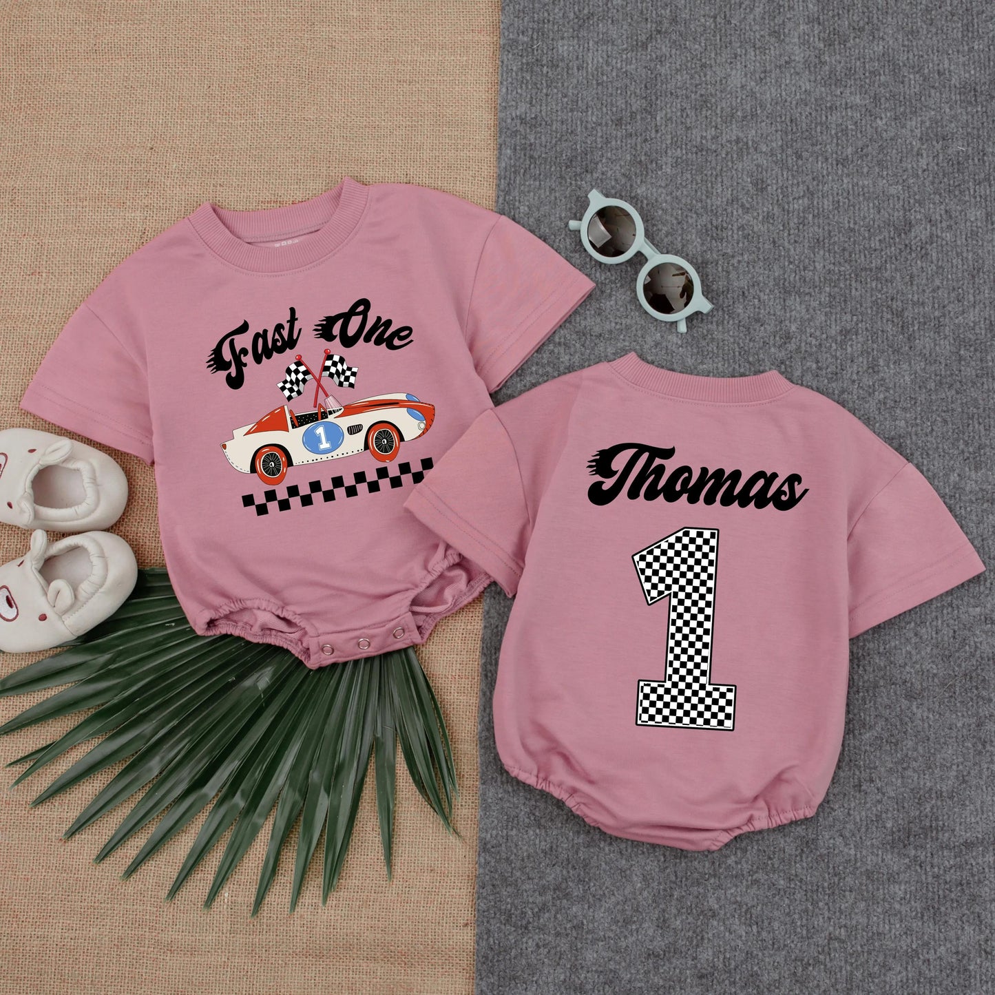 Personalized Fast One Race Car First Birthday Boy T-shirt Bubble Romper Soft Cotton Comfortable Party Outfit for Toddler Infant Celebration Gift