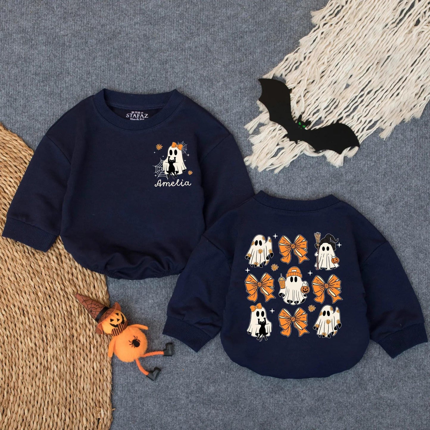 Custom Spooky Ghost Baby Romper for First Halloween! Personalized Oversized Infant Bodysuit, Cute Costume, Spooky Season Gift (137 chars)