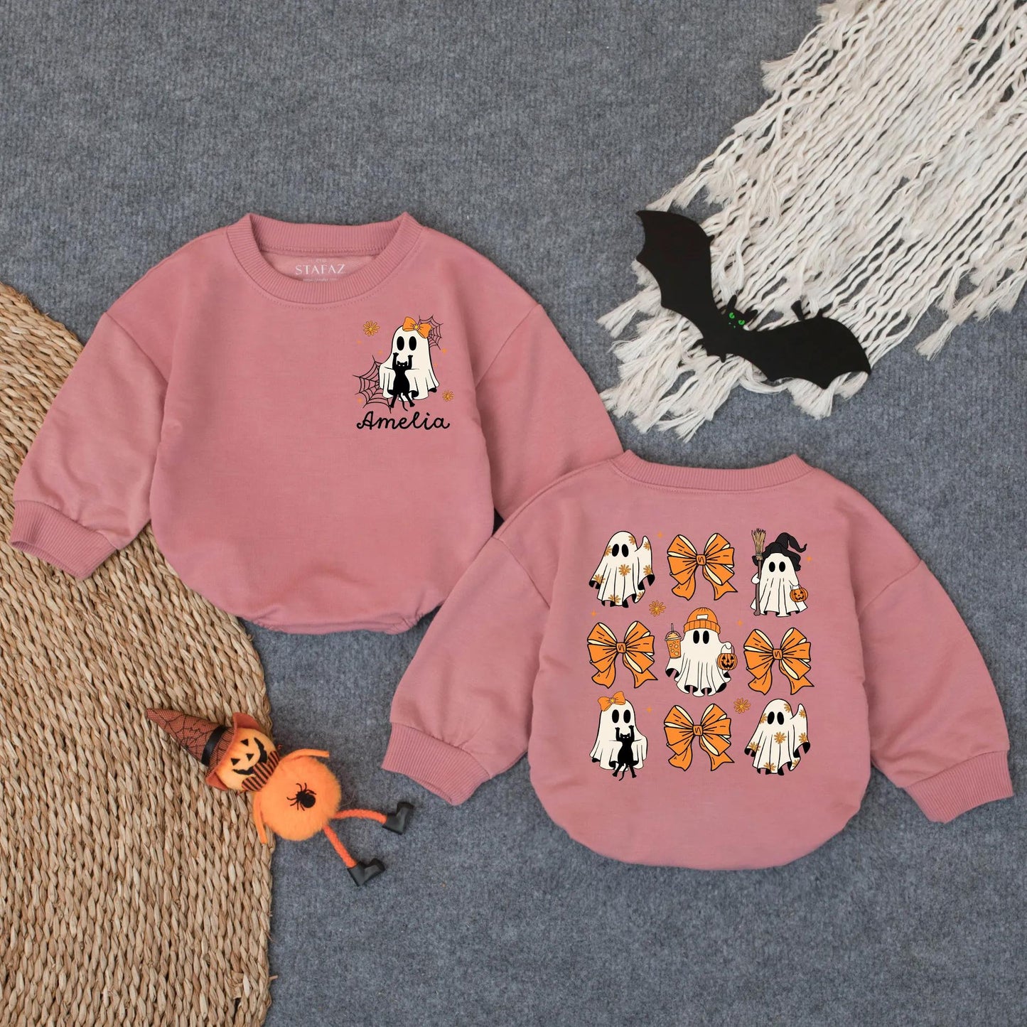 Custom Spooky Ghost Baby Romper for First Halloween! Personalized Oversized Infant Bodysuit, Cute Costume, Spooky Season Gift (137 chars)
