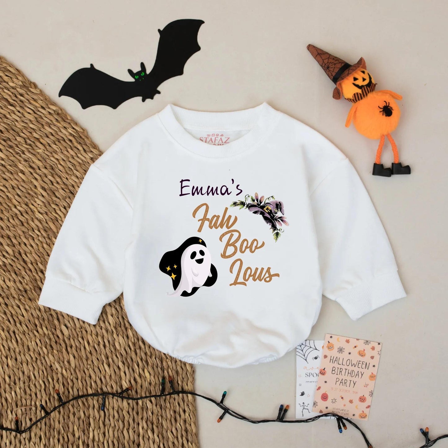 Personalized Emma's Fah Boo Lous Halloween Baby Romper Girl Outfit with Ghost & Floral Design Custom Fall Bodysuit