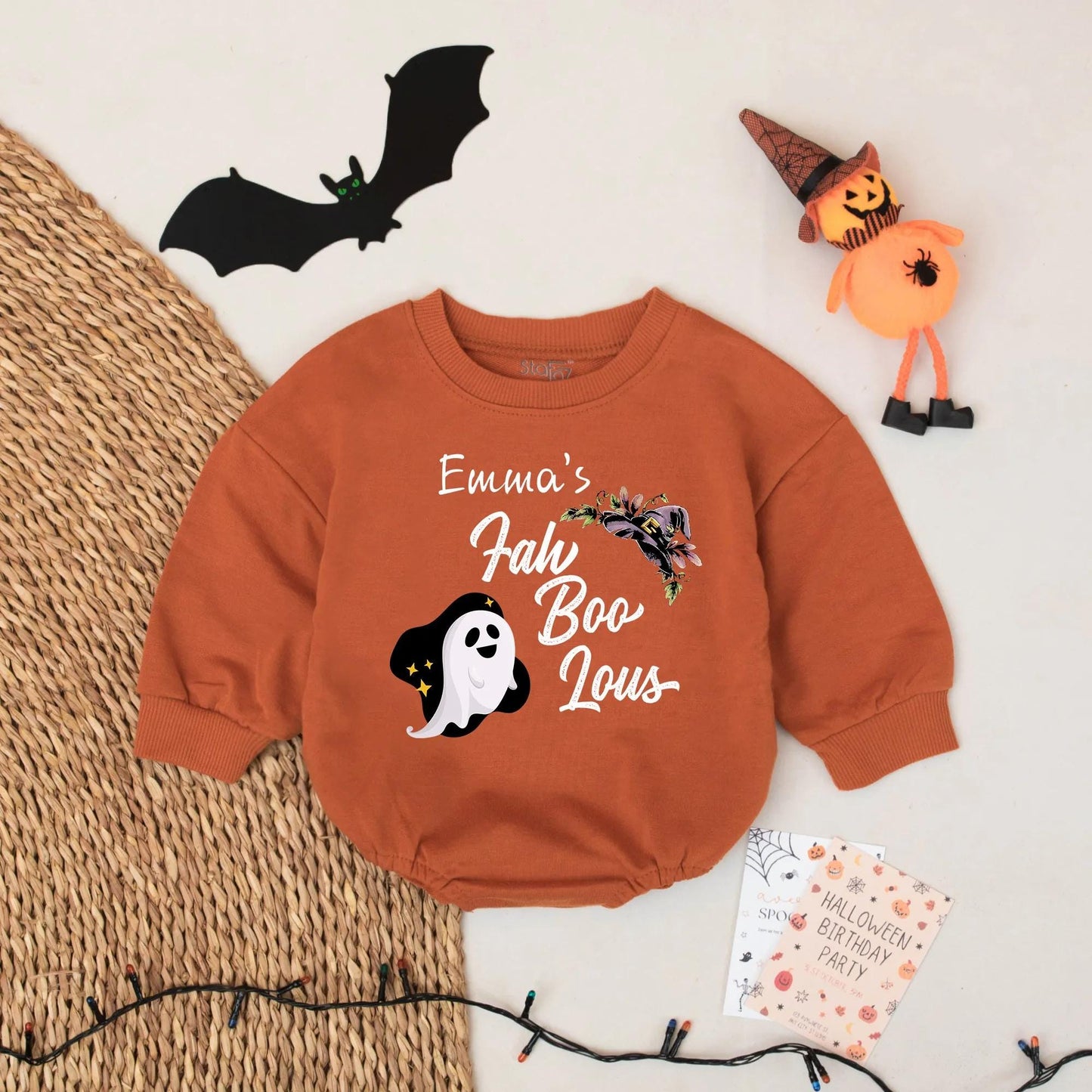 Personalized Emma's Fah Boo Lous Halloween Baby Romper Girl Outfit with Ghost & Floral Design Custom Fall Bodysuit