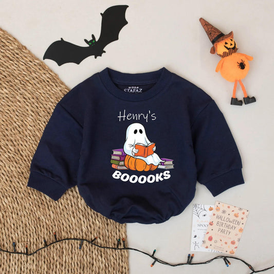 Personalized Ghost Reading Baby Romper for Book Lovers Cute Halloween Bodysuit Newborn Toddler Fall Outfit Whimsical Design with BOOOOOKS