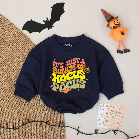 Hocus Pocus Halloween Baby Outfit - Retro Fall Toddler Sweatshirt - Funny Spooky Season Gift Idea with Witch Hat, Pumpkin & Stars - 137 chars
