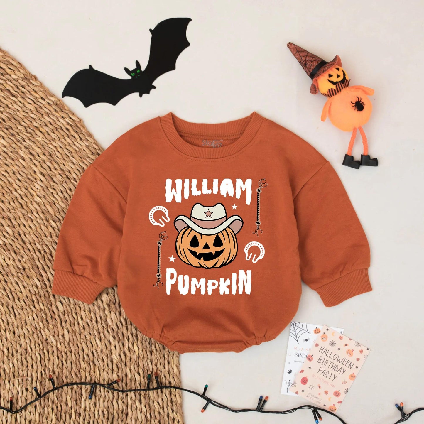 Personalized Cowboy Pumpkin Baby Romper Halloween Outfit William Pumpkin Text Western Star Hat Lasso Design Spooky Season Infant Wear