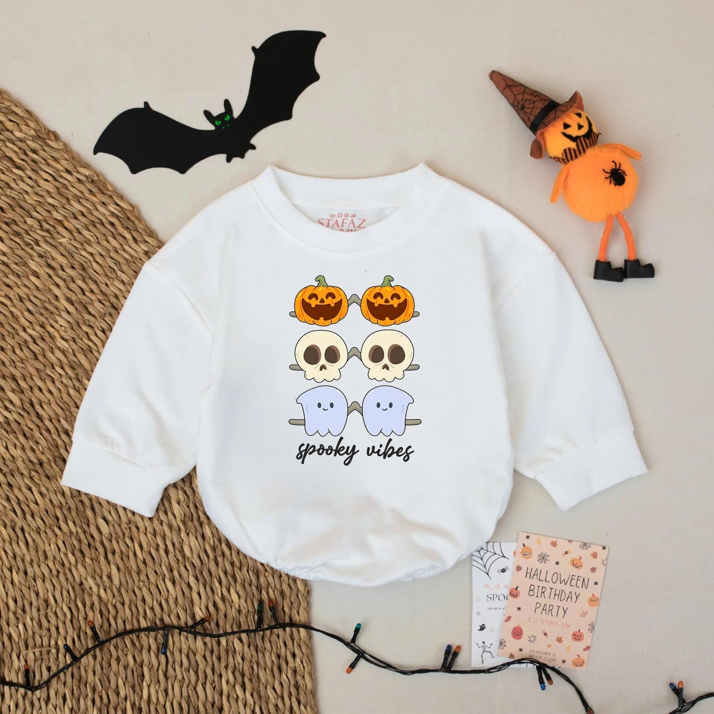 Cute Spooky Vibes Baby Romper with Ghost Pumpkin Skulls – Cozy Fall Infant Halloween Outfit Gift