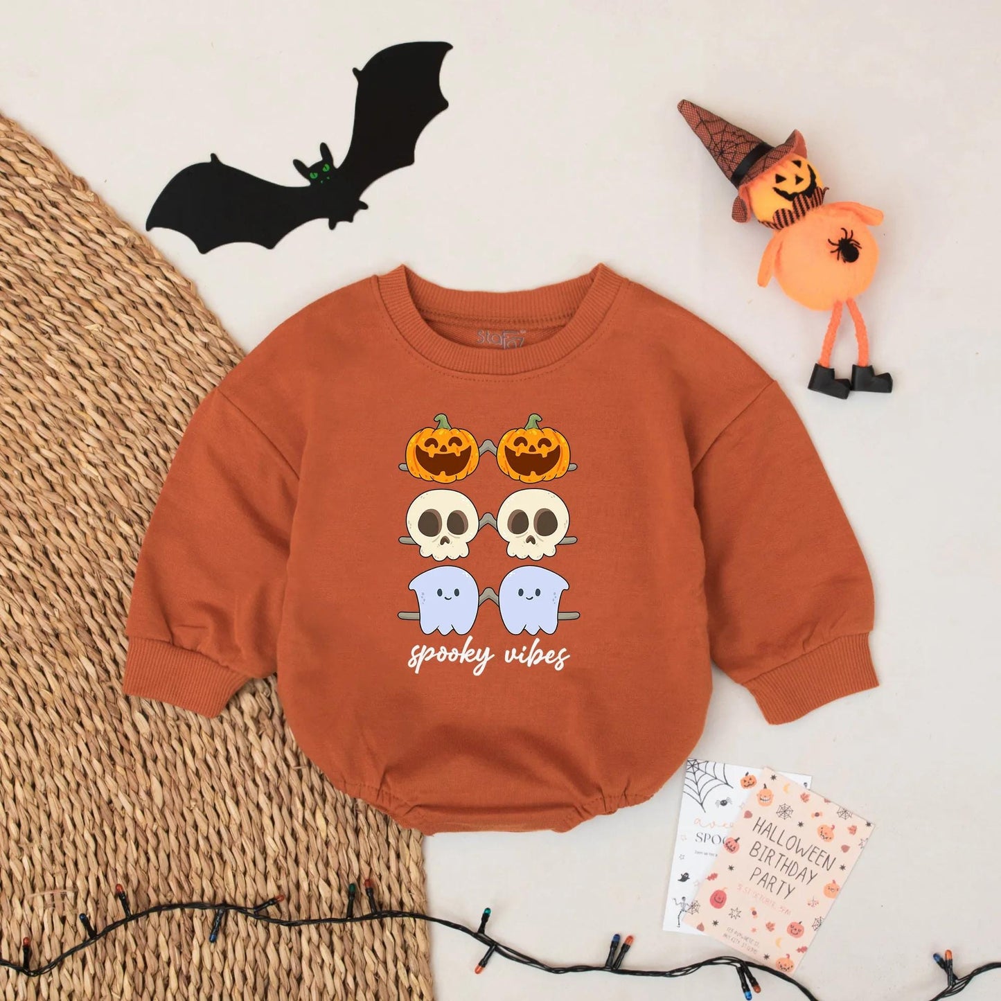 Cute Spooky Vibes Baby Romper with Ghost Pumpkin Skulls – Cozy Fall Infant Halloween Outfit Gift