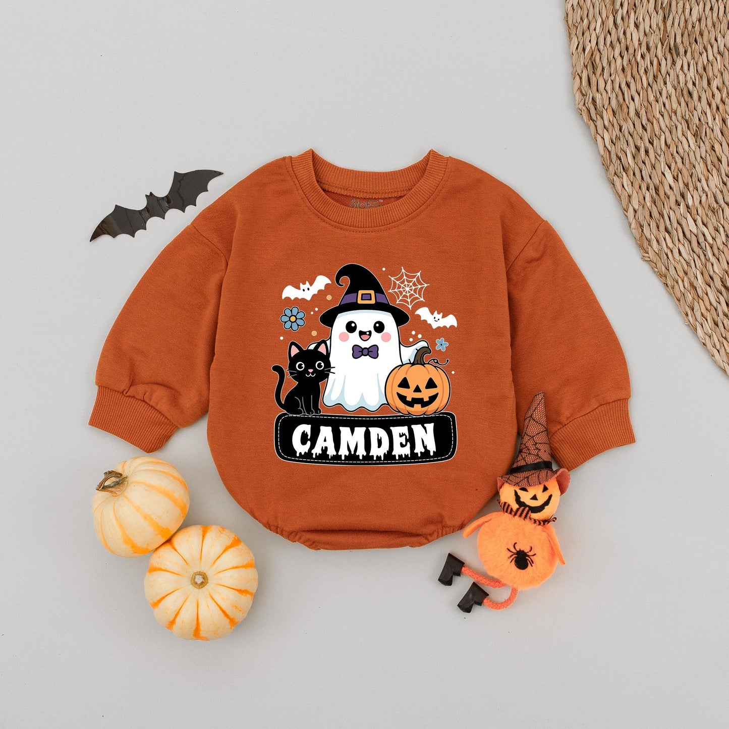 Camden Cute Ghost Halloween Baby Romper Friendly Witch Hat Black Cat Jack-o'-lantern Spooky Season Gift for Infant Boys