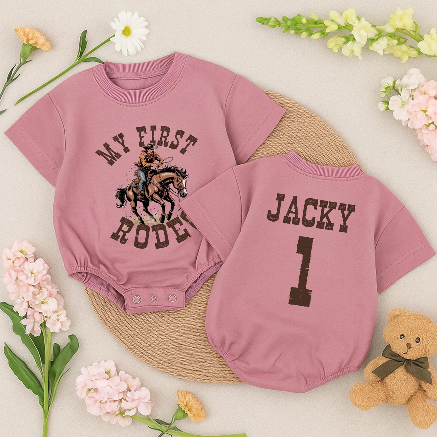My First Rodeo Birthday Boy Romper, Jacky's 1st Birthday, Vintage Cowboy Outfit, Distressed Brown Graphic, Rustic Western Style, Baby Bubble Romper