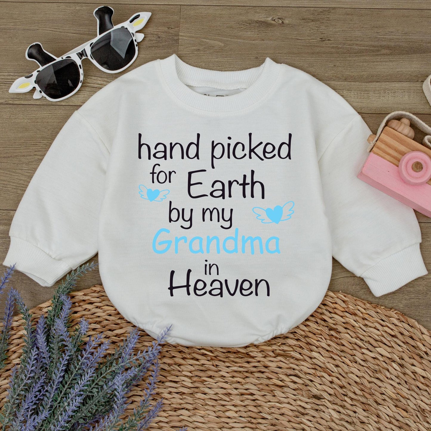 Hand Picked for Earth Baby Romper Newborn Bodysuit Grandma in Heaven Gift Sweet Blue Heart Wing Design