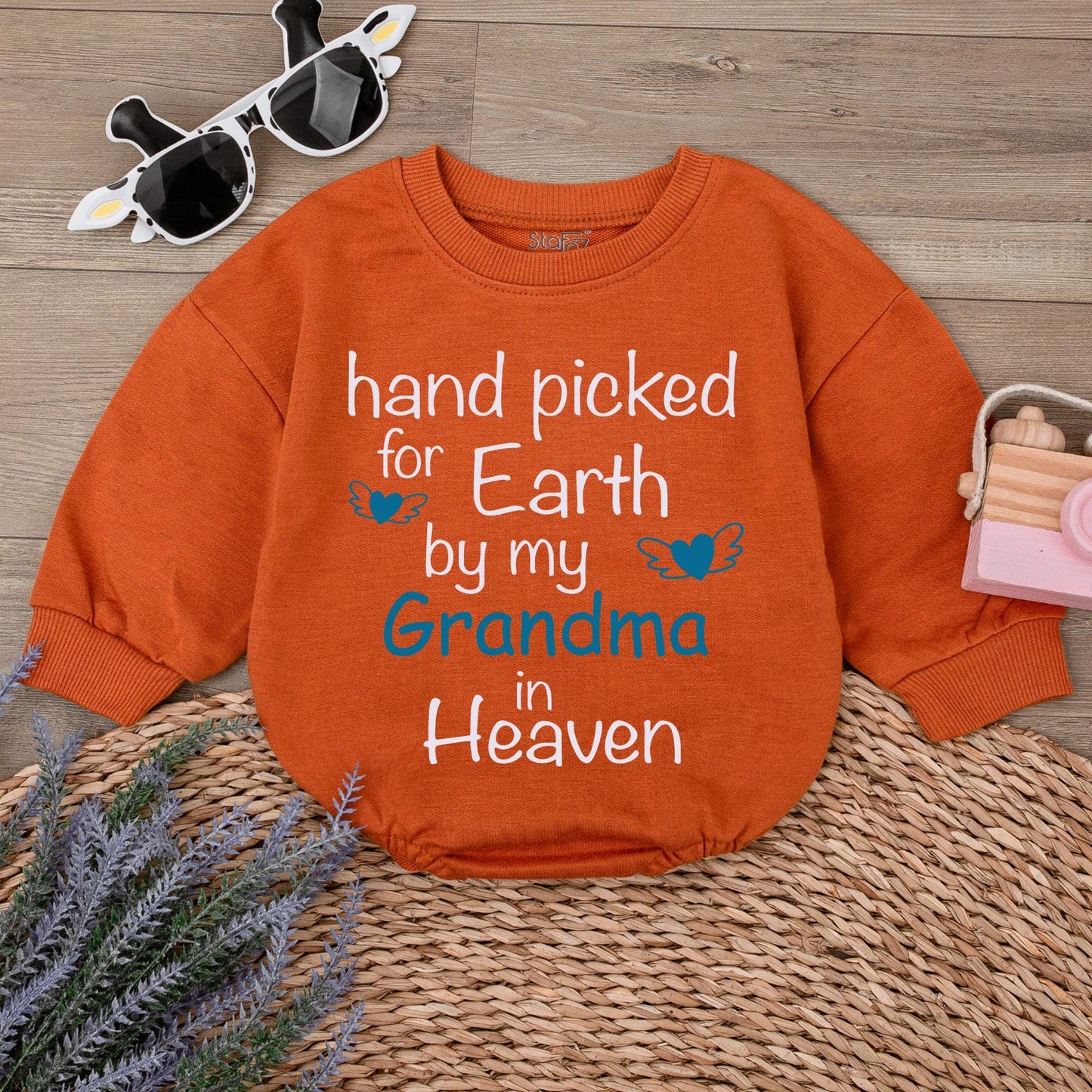 Hand Picked for Earth Baby Romper Newborn Bodysuit Grandma in Heaven Gift Sweet Blue Heart Wing Design