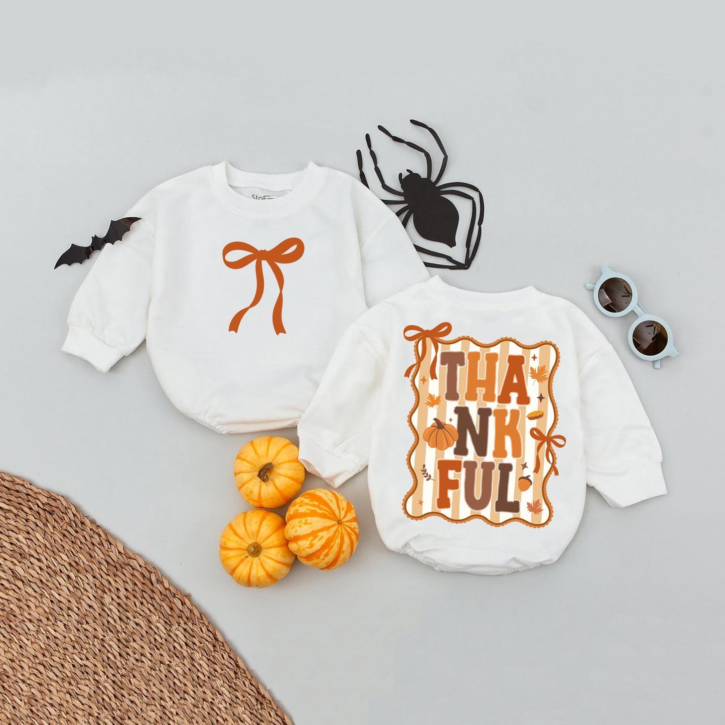 Cute Thankful Fall Bubble Romper Orange Bow Retro Pumpkins Acorns Leaves Baby Girl Thanksgiving Outfit Cozy Autumn