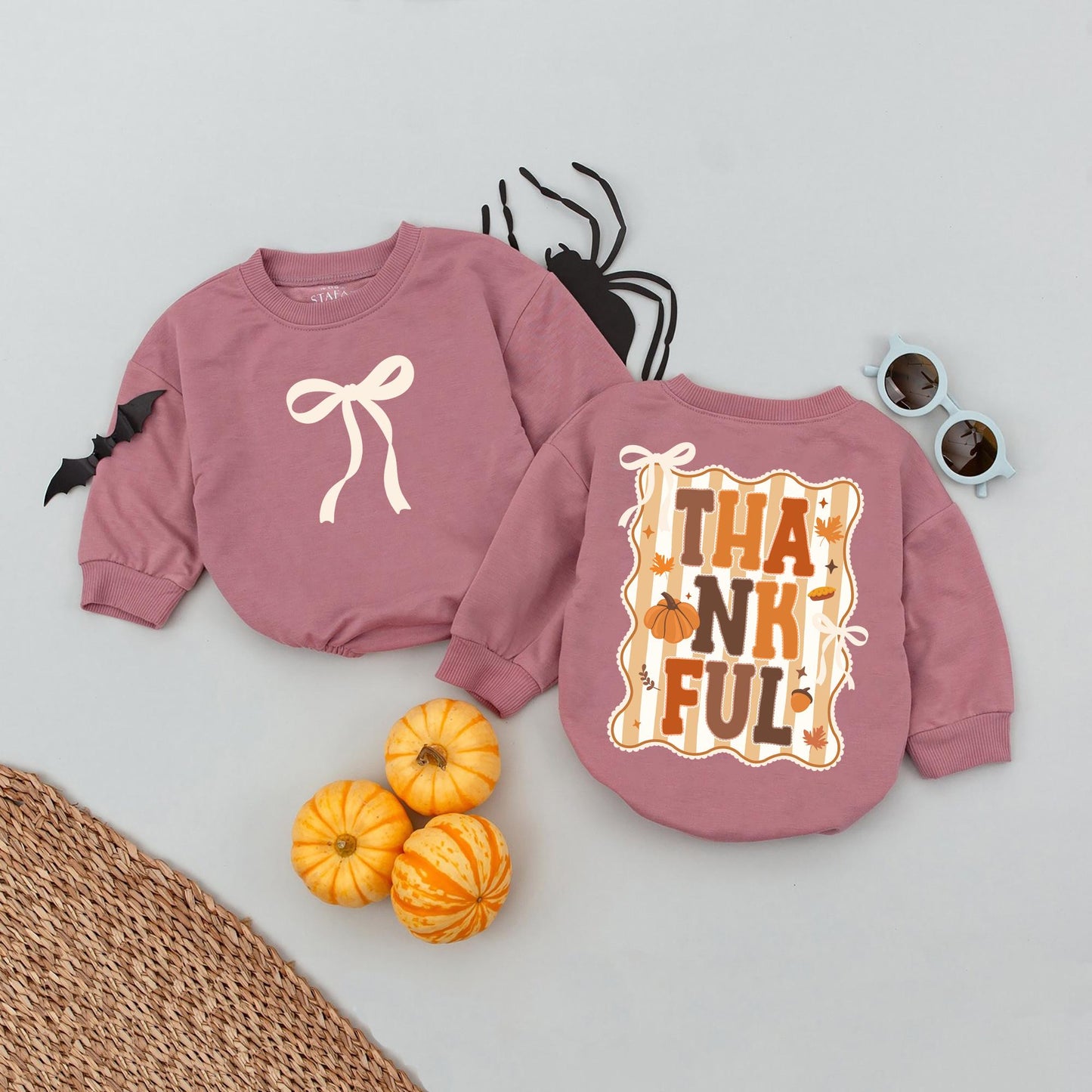 Cute Thankful Fall Bubble Romper Orange Bow Retro Pumpkins Acorns Leaves Baby Girl Thanksgiving Outfit Cozy Autumn