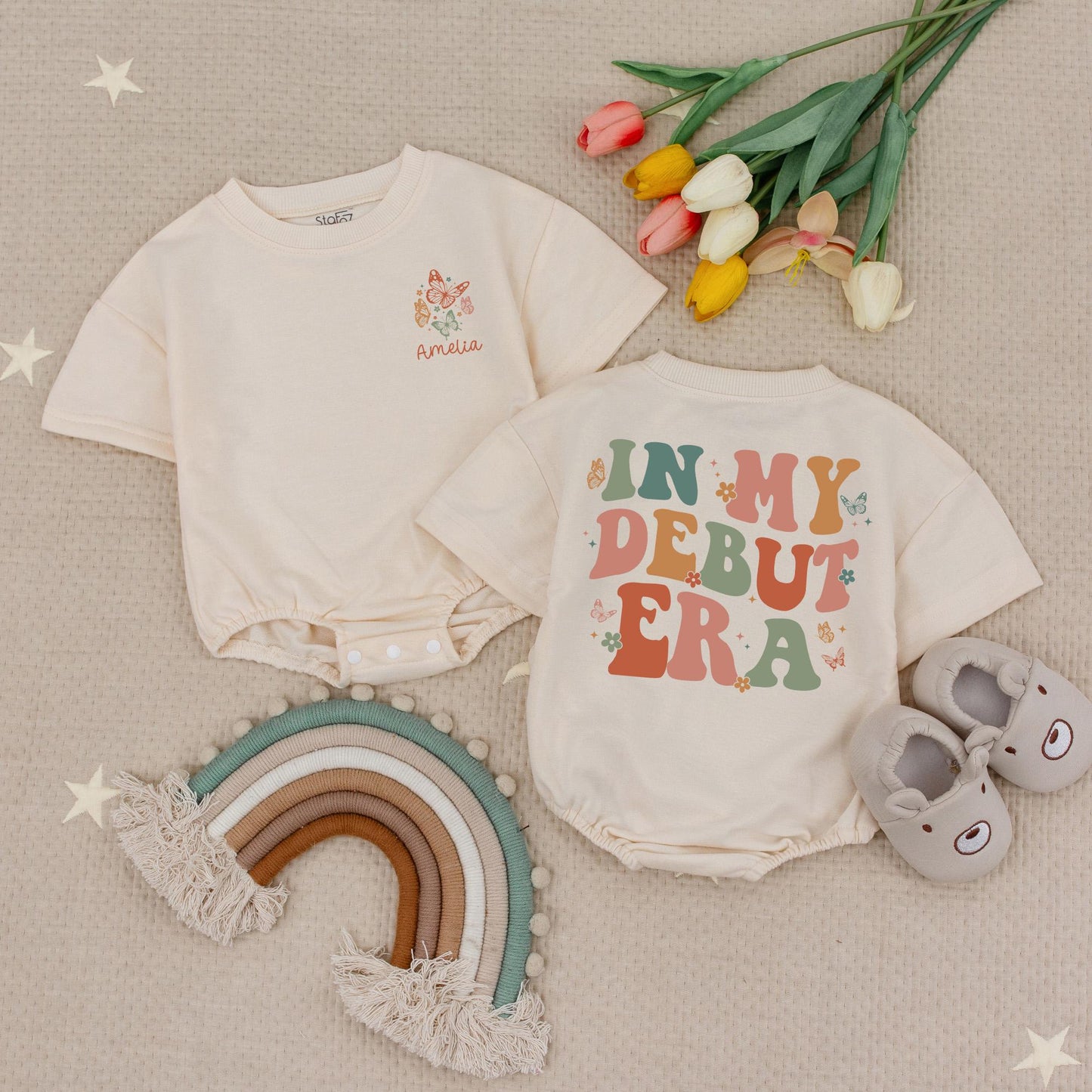 Custom Debut Era Romper for Baby Personalized Name Retro Natural One Birthday Outfit Shower Gift