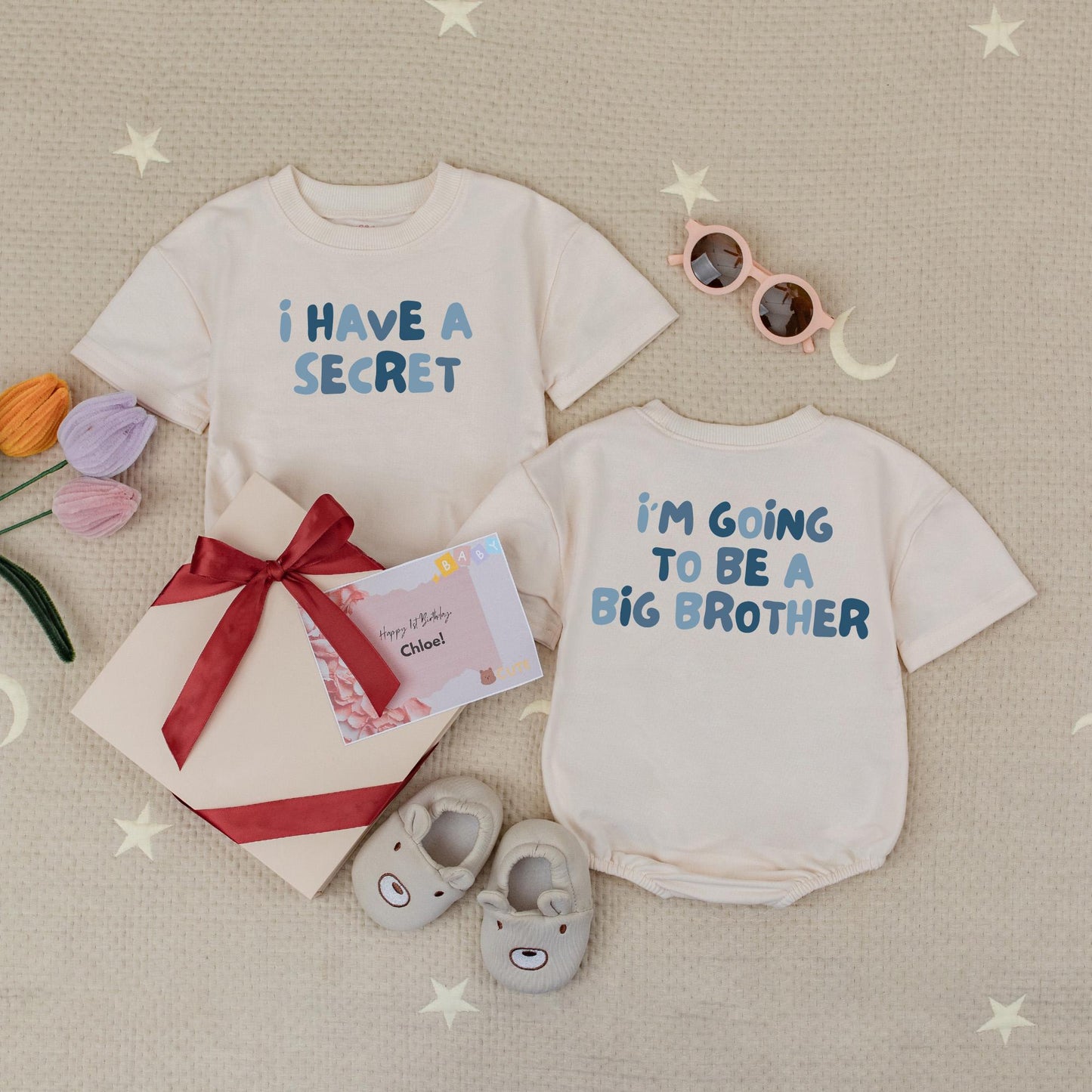 I Have A Secret Big Brother Announcement Bubble Romper Blue Two Tone Cotton Baby Shower Gift