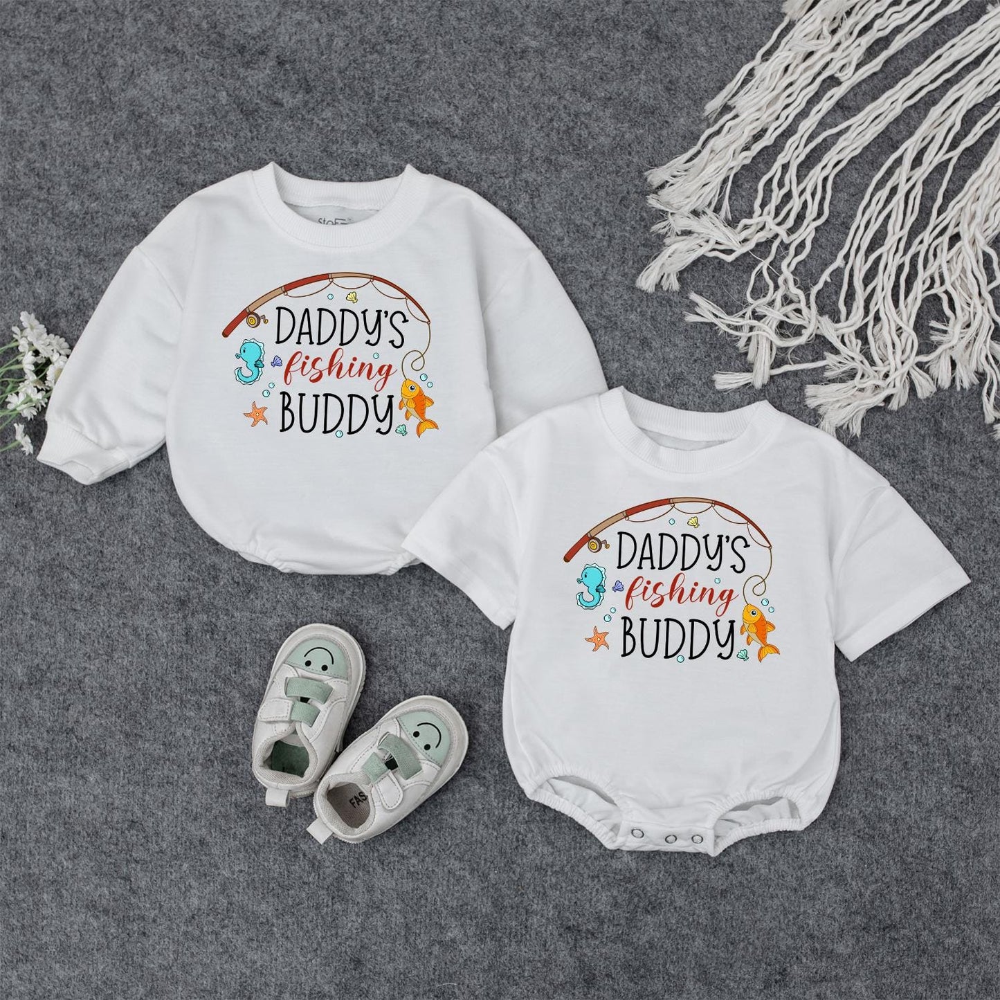 Daddy's Fishing Buddy Romper: Reel Cute Baby Boy Outfit, Lake Day Fun! Infant Bodysuit with Seahorse & Starfish, Fishing Theme Baby Shower Gift (138 chars)