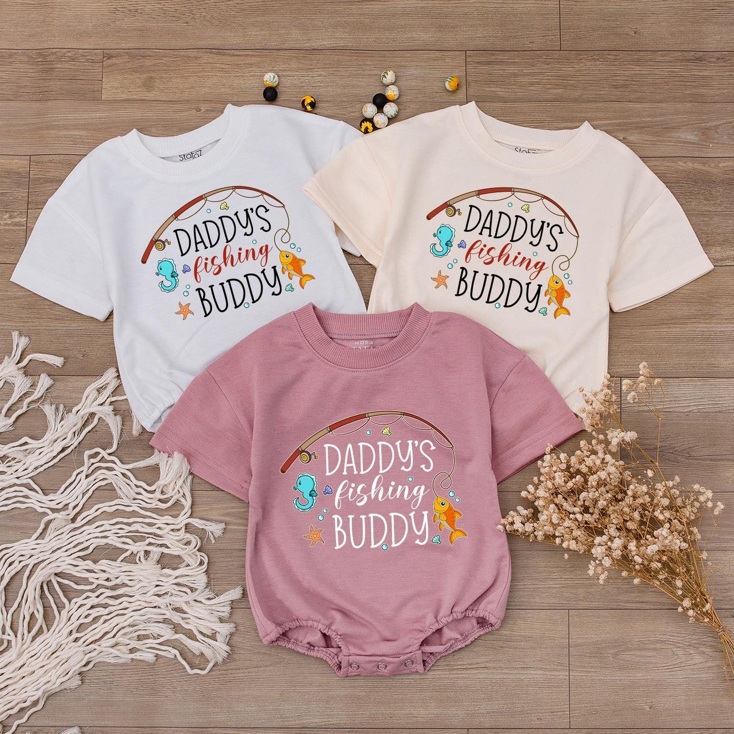 Daddy's Fishing Buddy Romper: Reel Cute Baby Boy Outfit, Lake Day Fun! Infant Bodysuit with Seahorse & Starfish, Fishing Theme Baby Shower Gift (138 chars)