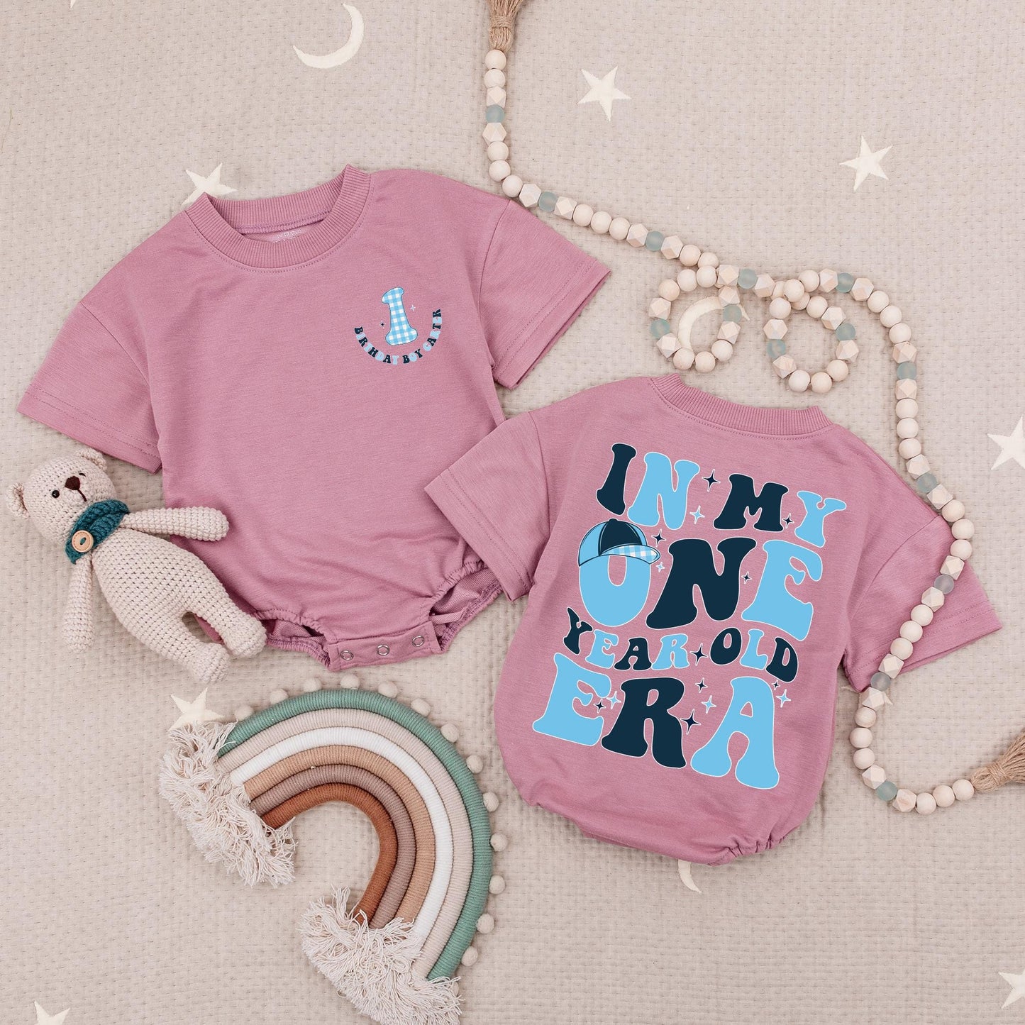 Custom Name One Year Old Era Birthday Boy Romper, Retro Baby 1st Birthday Outfit Blue Baseball Cap Stars, Personalized First Birthday Baby Boy Gift