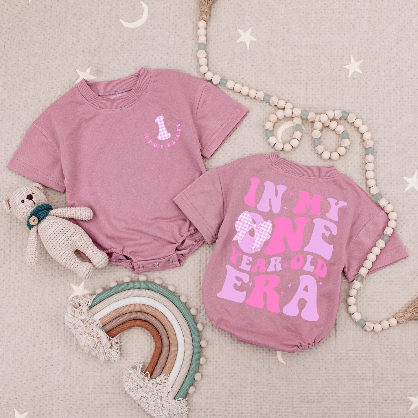 Personalized Birthday Girl Bubble Romper In My One Year Old Era Pink Purple Gingham Design Baby Celebration Outfit Gift
