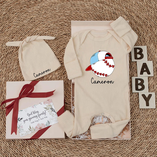 Personalized Cameron Baseball Baby Bodysuit, Cute Boy Newborn Outfit, Blue Cap Design, Coming Home Gift, Baseball Fan
