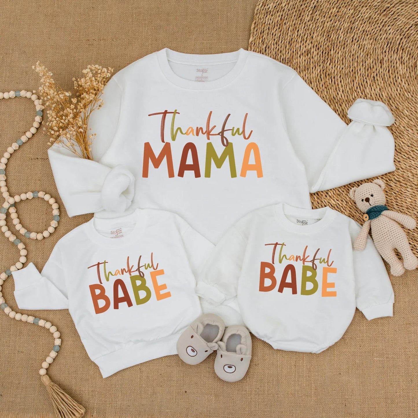 Thankful Mama Mini Babe Fall Sweatshirt Set, Thanksgiving Mommy and Me Outfit, Family Matching Sweaters, Orange Green Autumn Family Look 138 chr