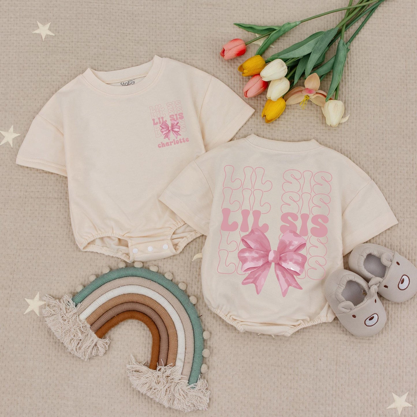 Custom Lil Sis Pink Bow Romper, Personalized Charlotte Baby Girl Outfit, Little Sister Bubble Romper Newborn Gift, Girly Babysuit