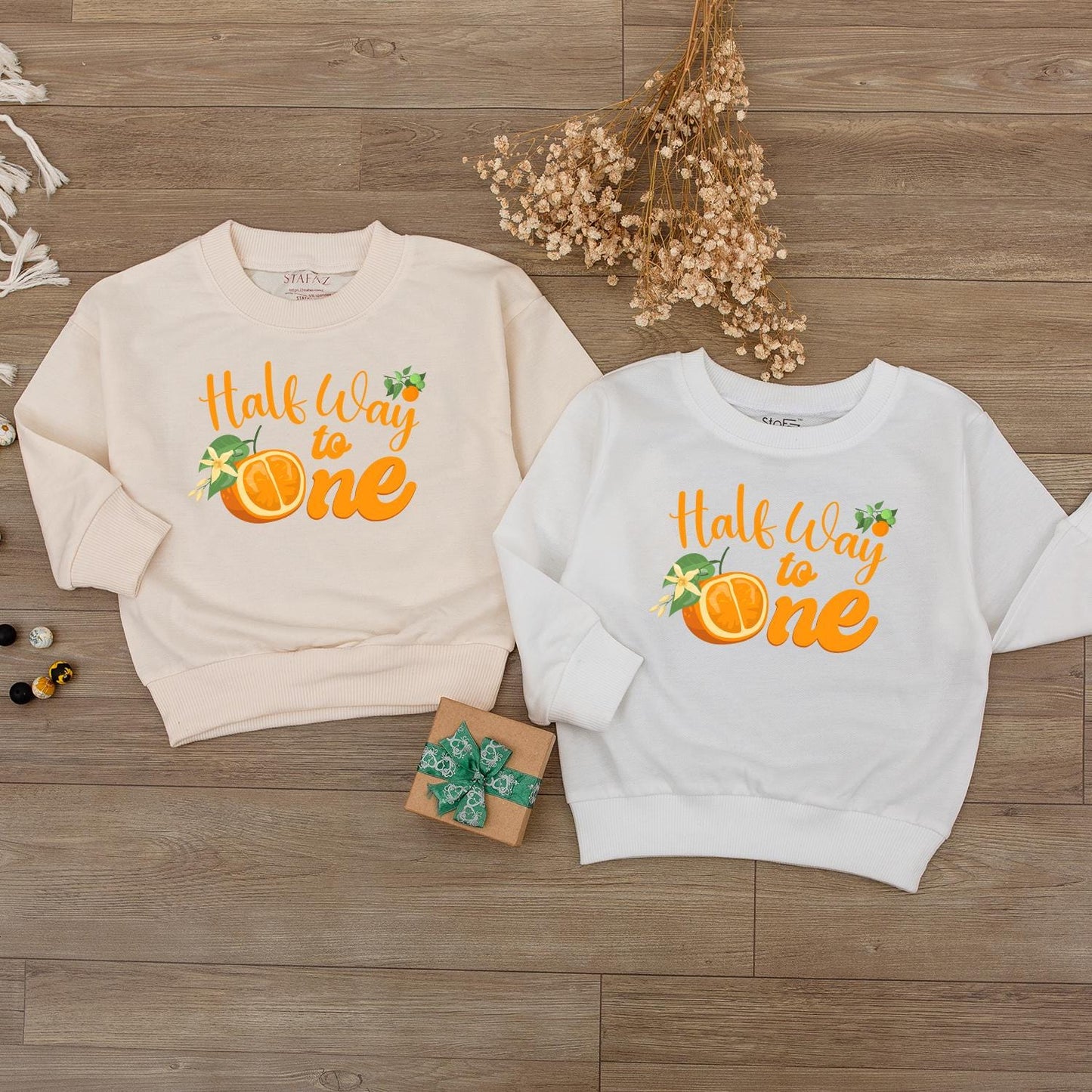 Halfway to One Baby Outfit - Orange Cursive 6 Month Birthday Romper with Cute Fruit Print for Baby Girl or Boy