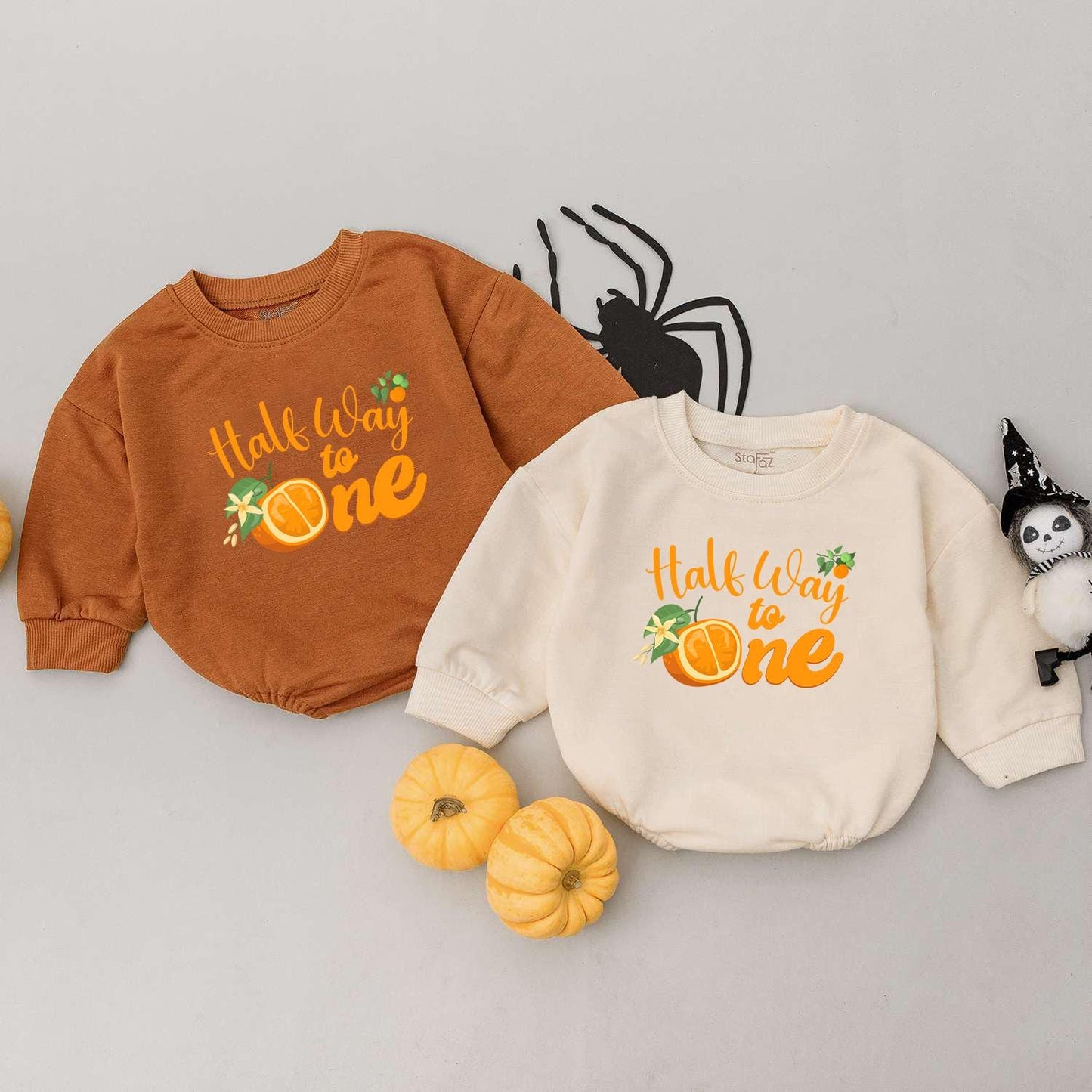 Halfway to One Baby Outfit - Orange Cursive 6 Month Birthday Romper with Cute Fruit Print for Baby Girl or Boy