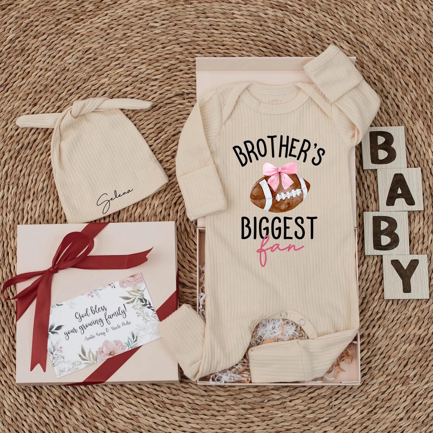 Brother's Biggest Fan Football Baby Bodysuit, Pink Bow Newborn Outfit, Little Sister Gift, Custom Football Romper, Baby Shower Gift