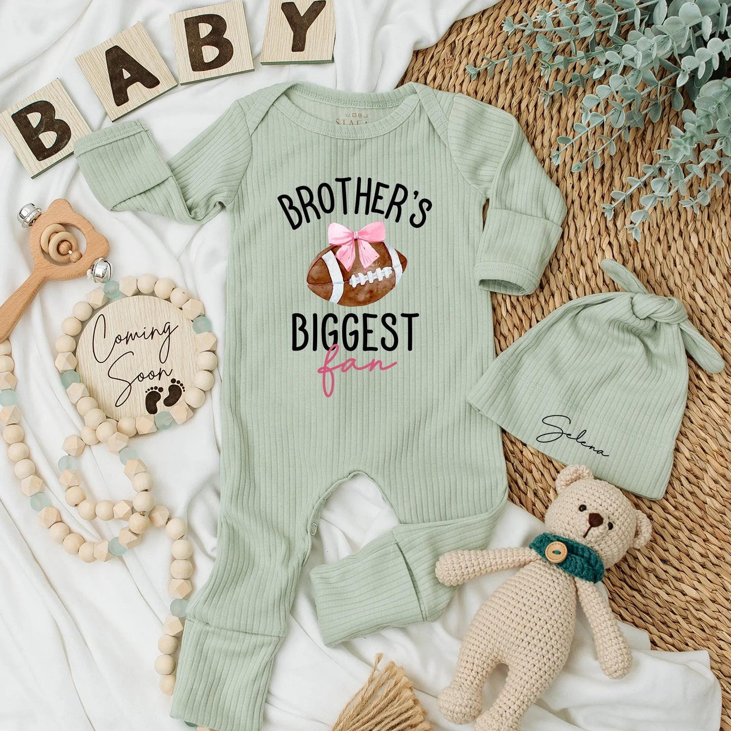 Brother's Biggest Fan Football Baby Bodysuit, Pink Bow Newborn Outfit, Little Sister Gift, Custom Football Romper, Baby Shower Gift