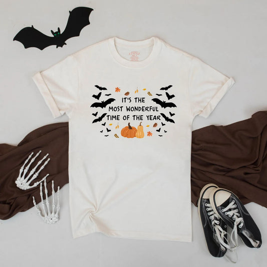 It’s The Most Wonderful Time of The Year Halloween Bat Pumpkin Fall Autumn Leaves Festive Spooky Season Graphic Tee Unisex