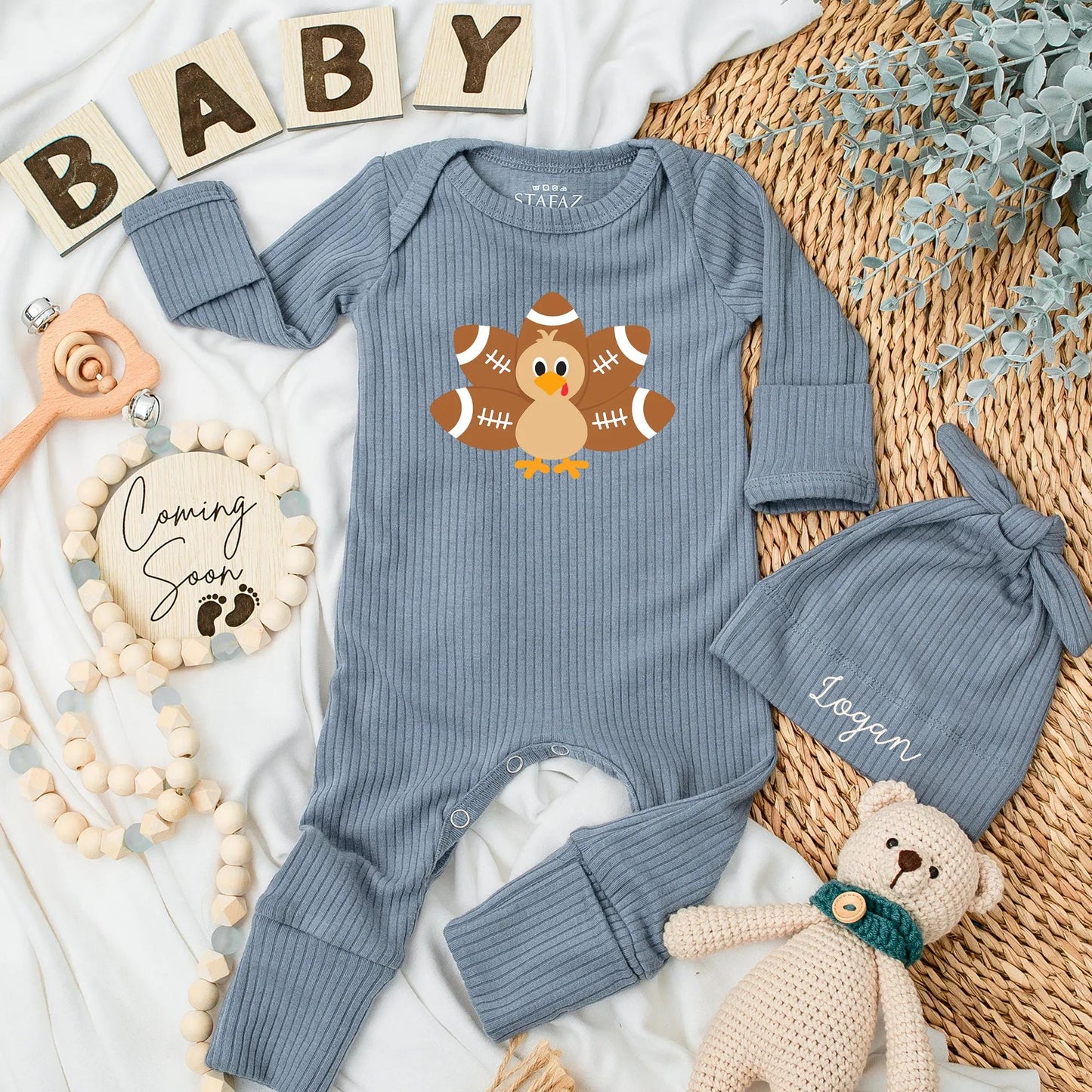 My First Thanksgiving Outfit Boy Turkey Football Bodysuit Cute Fall Romper Newborn Gift Playful Cartoon Turkey Day Outfit Baby Shower Coming Home (140)