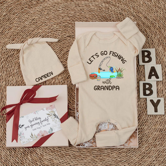 Let's Go Fishing with Grandpa Baby Bodysuit Whimsical Fishing Scene Newborn Outfit Cute Baby Shower Gift Clothes for Little Anglers
