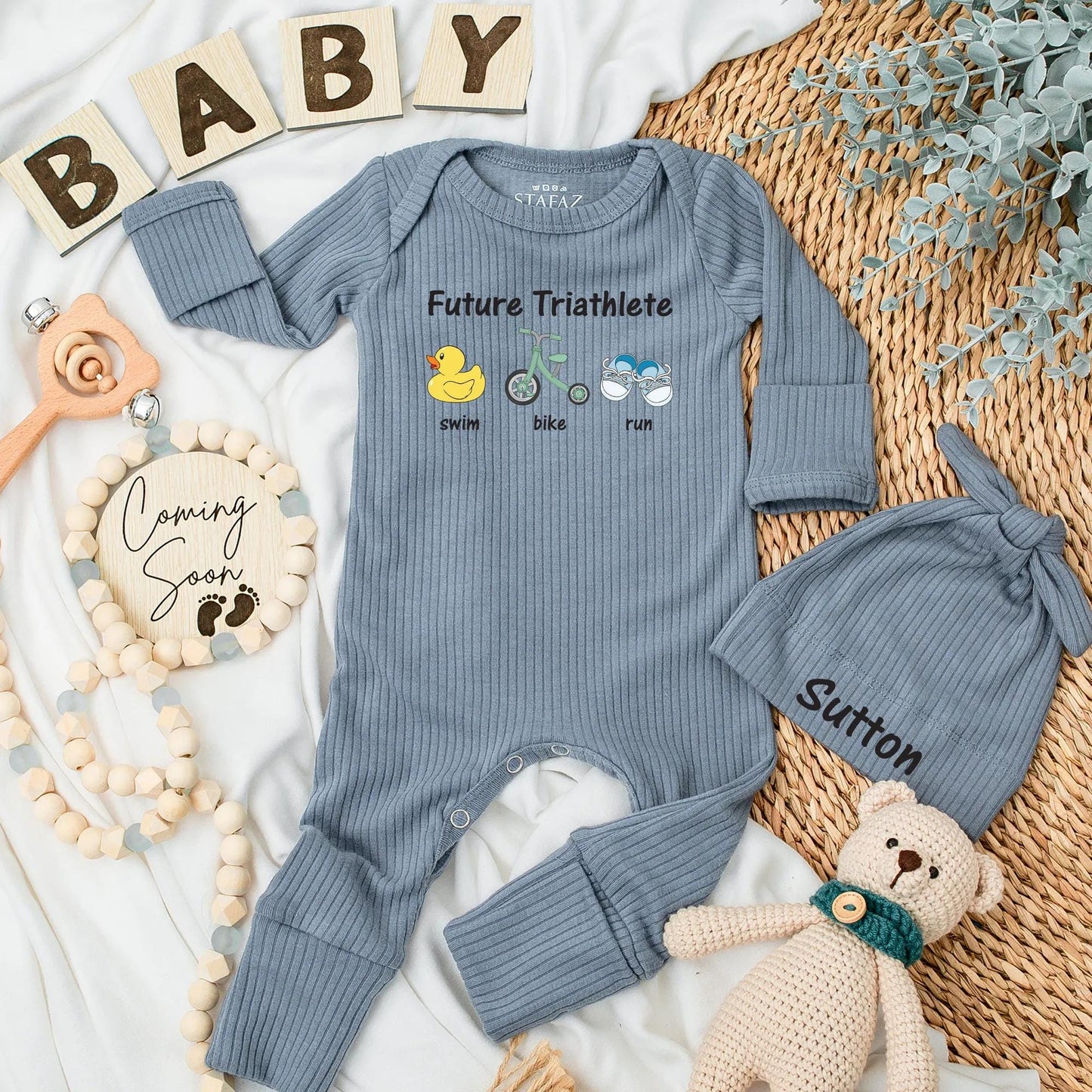 Future Triathlete Baby Bodysuit with Swim Bike Run Sports Design featuring Playful Colorful Duck Bike Shoe Artwork Newborn Athlete Gift
